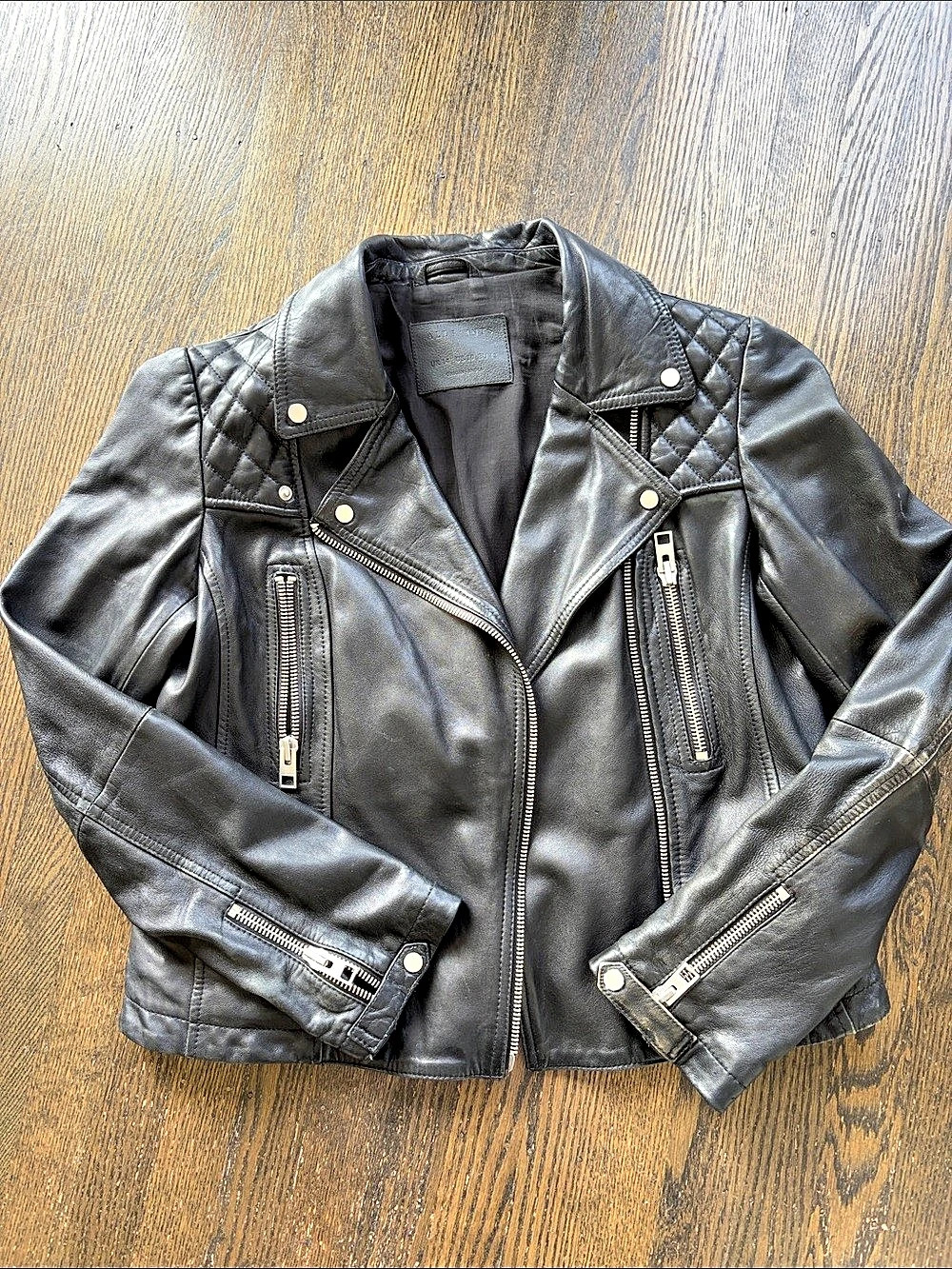 AllSaints Cargo Leather Biker Jacket Black